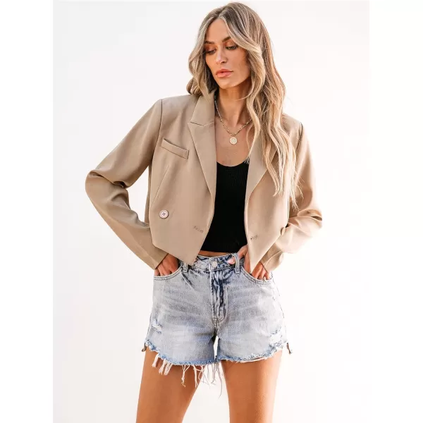 luvamia Cropped Blazers for Women Business Casual Open Front Long Sleeve Suit Jacket Trendy Oversized Work Office BlazerApricot