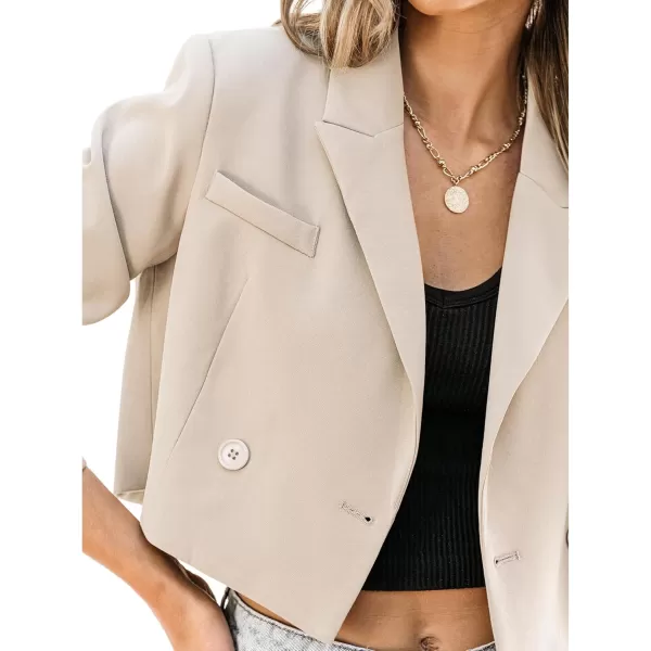 luvamia Cropped Blazers for Women Business Casual Open Front Long Sleeve Suit Jacket Trendy Oversized Work Office BlazerBeige