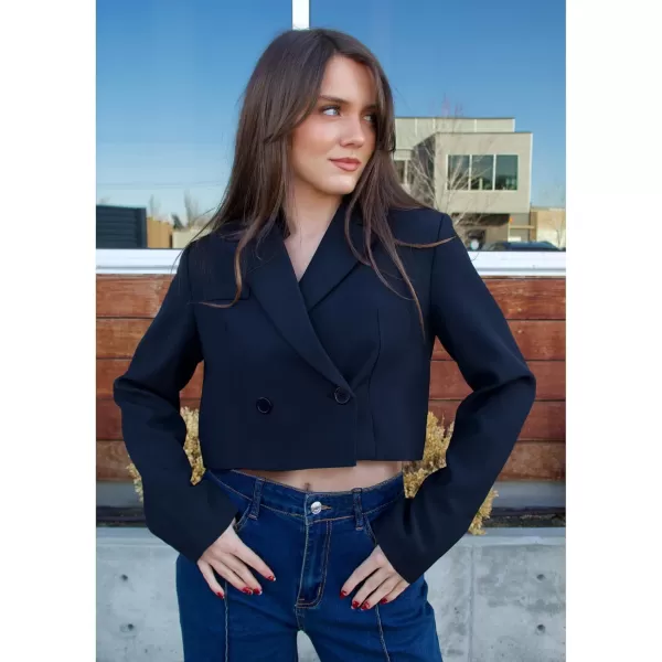 luvamia Cropped Blazers for Women Business Casual Open Front Long Sleeve Suit Jacket Trendy Oversized Work Office BlazerNavy Blue