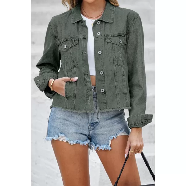 luvamia Denim Jacket for Women Distressed Jean Jackets Button Up Vintage Western Trucker Jacket Frayed Hem PocketsArmy Green