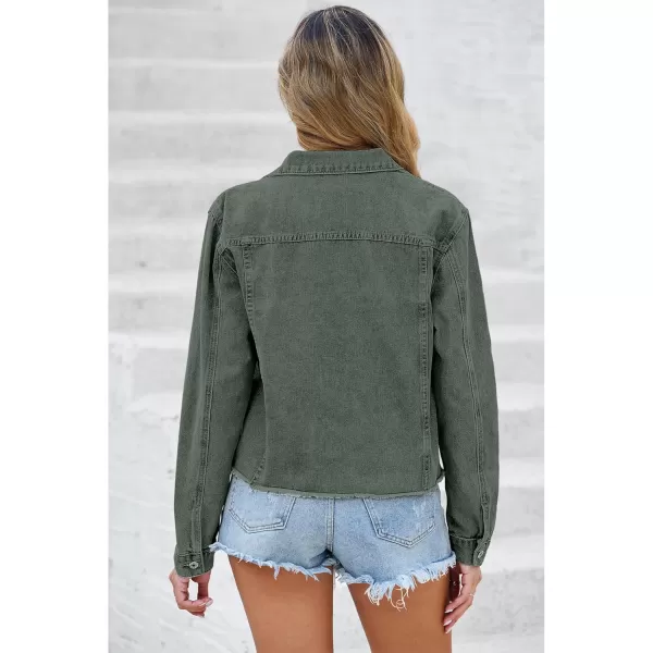 luvamia Denim Jacket for Women Distressed Jean Jackets Button Up Vintage Western Trucker Jacket Frayed Hem PocketsArmy Green