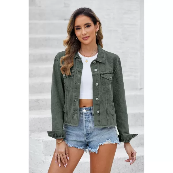 luvamia Denim Jacket for Women Distressed Jean Jackets Button Up Vintage Western Trucker Jacket Frayed Hem PocketsArmy Green