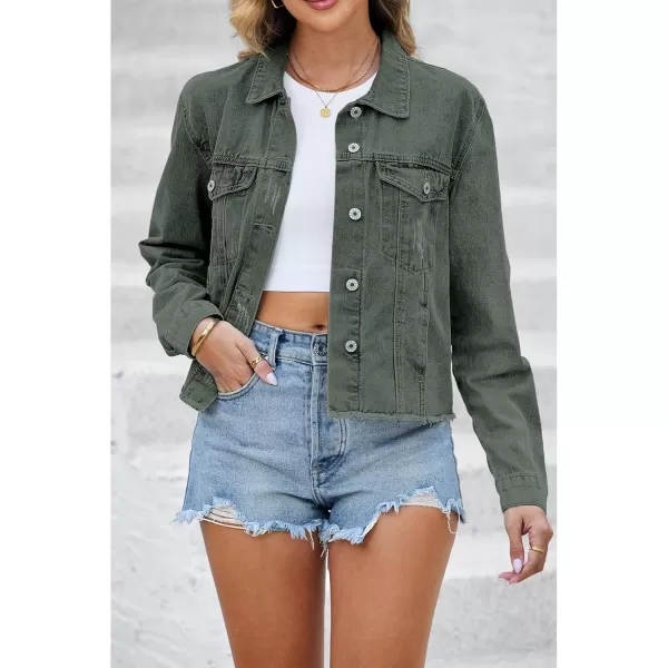 luvamia Denim Jacket for Women Distressed Jean Jackets Button Up Vintage Western Trucker Jacket Frayed Hem PocketsArmy Green