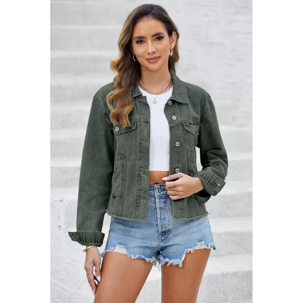 luvamia Denim Jacket for Women Distressed Jean Jackets Button Up Vintage Western Trucker Jacket Frayed Hem PocketsArmy Green