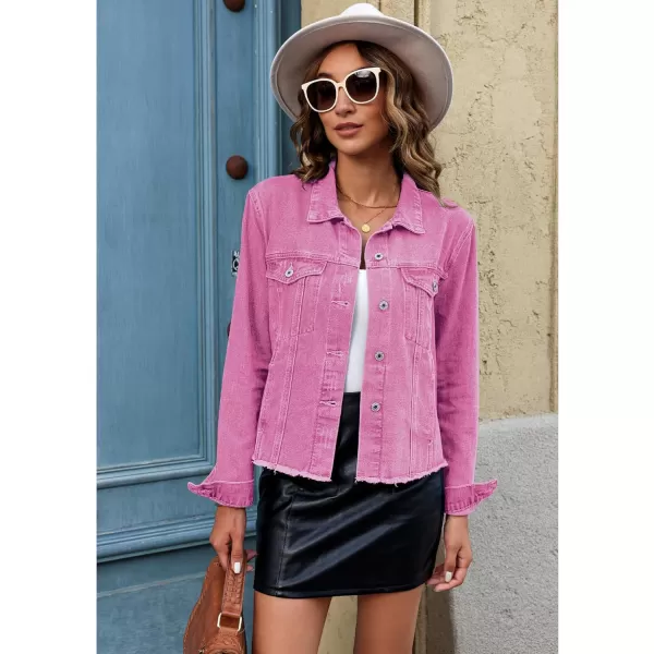 luvamia Denim Jacket for Women Distressed Jean Jackets Button Up Vintage Western Trucker Jacket Frayed Hem PocketsAzalea Pink