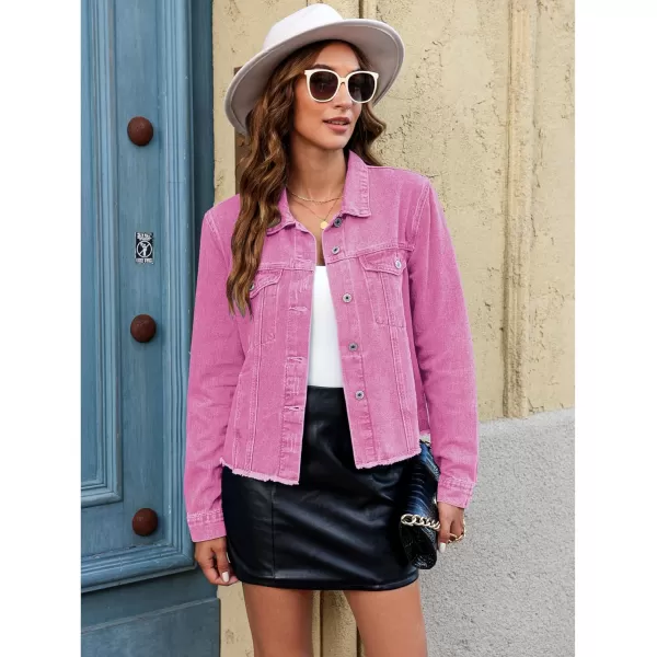 luvamia Denim Jacket for Women Distressed Jean Jackets Button Up Vintage Western Trucker Jacket Frayed Hem PocketsAzalea Pink