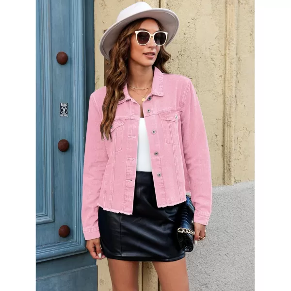 luvamia Denim Jacket for Women Distressed Jean Jackets Button Up Vintage Western Trucker Jacket Frayed Hem PocketsBlush Pink