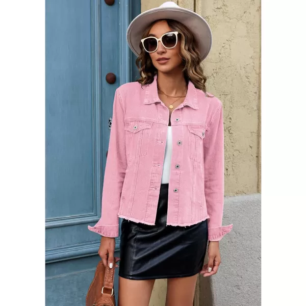 luvamia Denim Jacket for Women Distressed Jean Jackets Button Up Vintage Western Trucker Jacket Frayed Hem PocketsBlush Pink