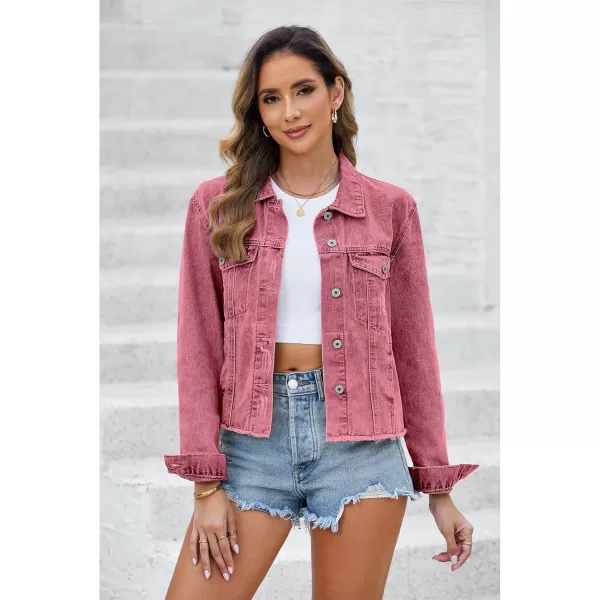 luvamia Denim Jacket for Women Distressed Jean Jackets Button Up Vintage Western Trucker Jacket Frayed Hem PocketsBrick Red