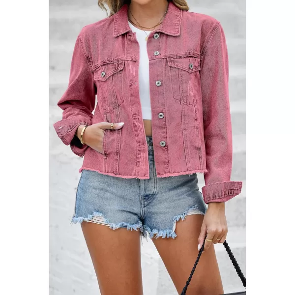 luvamia Denim Jacket for Women Distressed Jean Jackets Button Up Vintage Western Trucker Jacket Frayed Hem PocketsBrick Red