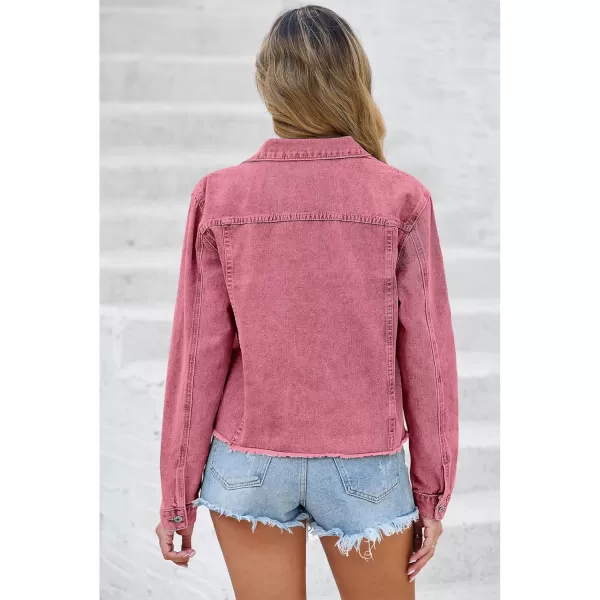 luvamia Denim Jacket for Women Distressed Jean Jackets Button Up Vintage Western Trucker Jacket Frayed Hem PocketsBrick Red