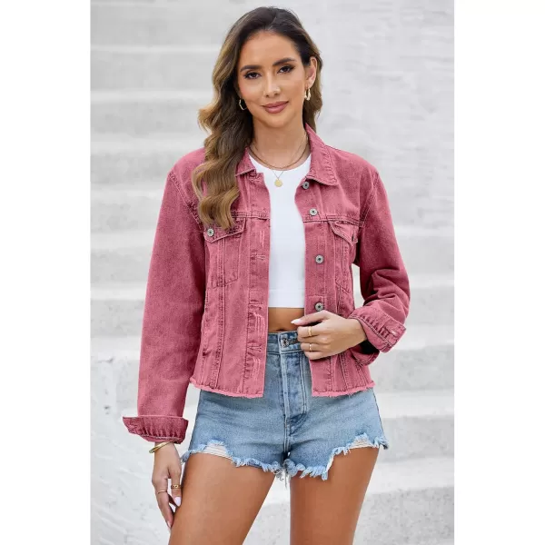 luvamia Denim Jacket for Women Distressed Jean Jackets Button Up Vintage Western Trucker Jacket Frayed Hem PocketsBrick Red