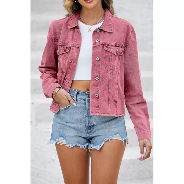 luvamia Denim Jacket for Women Distressed Jean Jackets Button Up Vintage Western Trucker Jacket Frayed Hem PocketsBrick Red