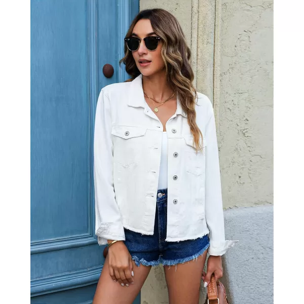 luvamia Denim Jacket for Women Distressed Jean Jackets Button Up Vintage Western Trucker Jacket Frayed Hem PocketsBright White