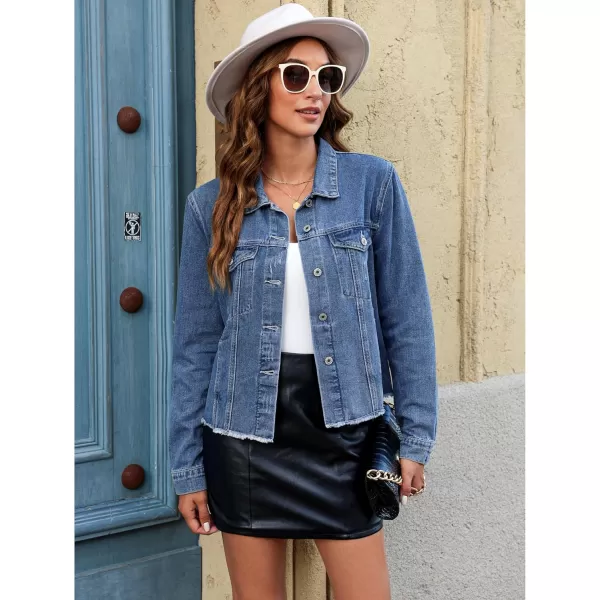 luvamia Denim Jacket for Women Distressed Jean Jackets Button Up Vintage Western Trucker Jacket Frayed Hem PocketsClassic Blue