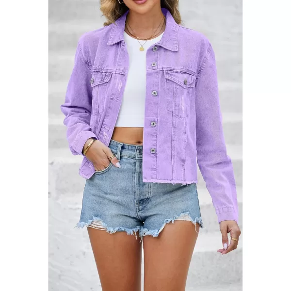 luvamia Denim Jacket for Women Distressed Jean Jackets Button Up Vintage Western Trucker Jacket Frayed Hem PocketsLilac Breeze