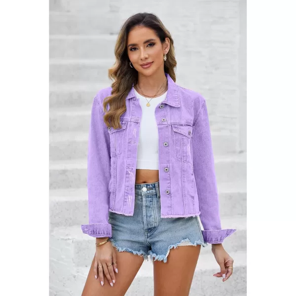 luvamia Denim Jacket for Women Distressed Jean Jackets Button Up Vintage Western Trucker Jacket Frayed Hem PocketsLilac Breeze