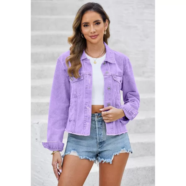 luvamia Denim Jacket for Women Distressed Jean Jackets Button Up Vintage Western Trucker Jacket Frayed Hem PocketsLilac Breeze