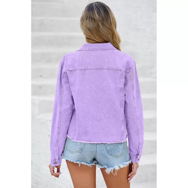 luvamia Denim Jacket for Women Distressed Jean Jackets Button Up Vintage Western Trucker Jacket Frayed Hem PocketsLilac Breeze