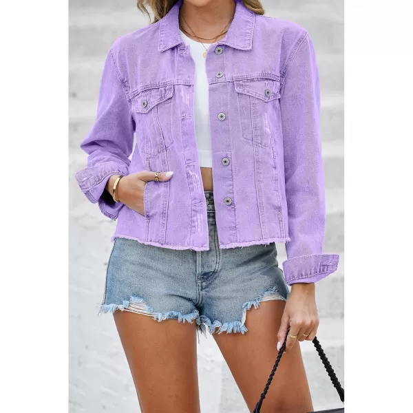 luvamia Denim Jacket for Women Distressed Jean Jackets Button Up Vintage Western Trucker Jacket Frayed Hem PocketsLilac Breeze