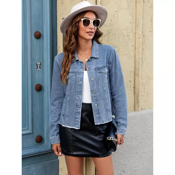 luvamia Denim Jacket for Women Distressed Jean Jackets Button Up Vintage Western Trucker Jacket Frayed Hem PocketsMedium Blue