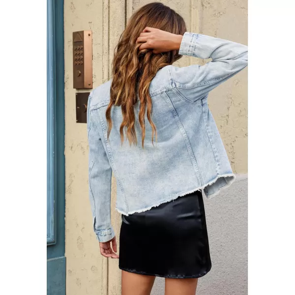 luvamia Denim Jacket for Women Distressed Jean Jackets Button Up Vintage Western Trucker Jacket Frayed Hem PocketsRoadnight Blue