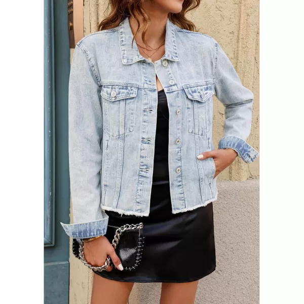 luvamia Denim Jacket for Women Distressed Jean Jackets Button Up Vintage Western Trucker Jacket Frayed Hem PocketsRoadnight Blue