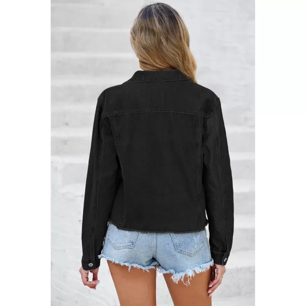 luvamia Denim Jacket for Women Distressed Jean Jackets Button Up Vintage Western Trucker Jacket Frayed Hem PocketsTrue Black