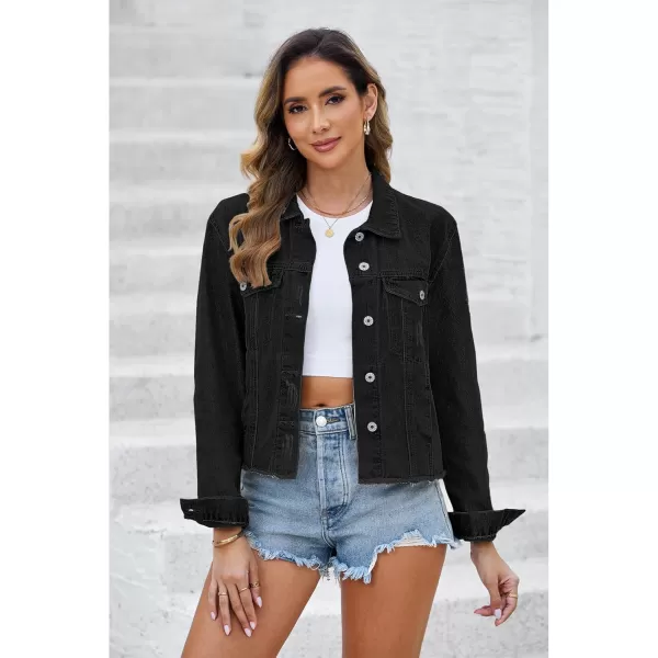 luvamia Denim Jacket for Women Distressed Jean Jackets Button Up Vintage Western Trucker Jacket Frayed Hem PocketsTrue Black