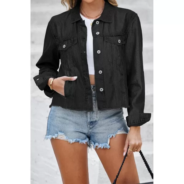 luvamia Denim Jacket for Women Distressed Jean Jackets Button Up Vintage Western Trucker Jacket Frayed Hem PocketsTrue Black