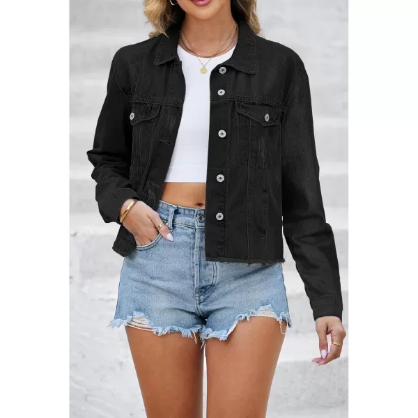 luvamia Denim Jacket for Women Distressed Jean Jackets Button Up Vintage Western Trucker Jacket Frayed Hem PocketsTrue Black