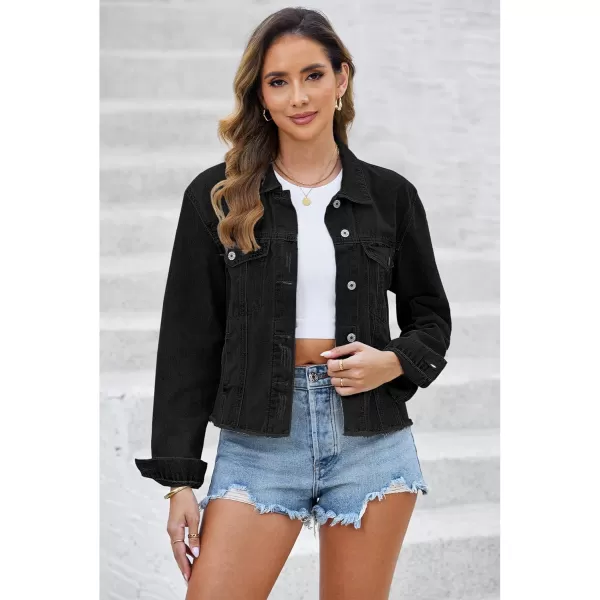 luvamia Denim Jacket for Women Distressed Jean Jackets Button Up Vintage Western Trucker Jacket Frayed Hem PocketsTrue Black