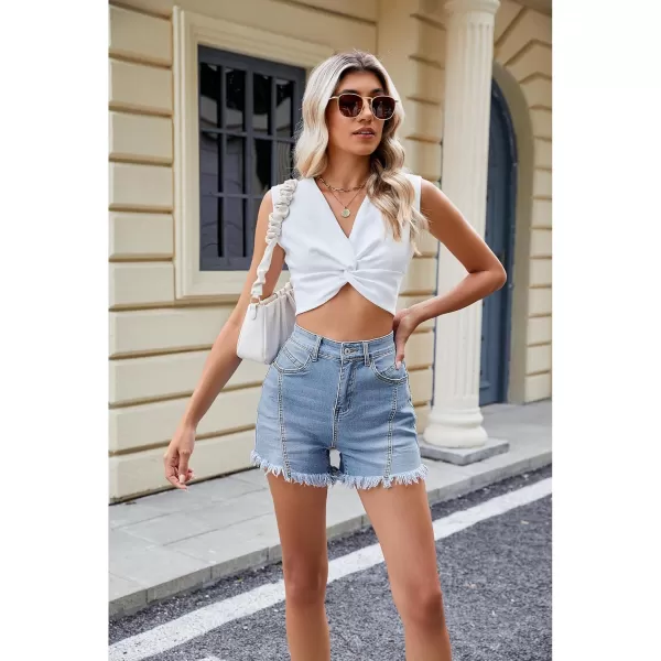 luvamia Jean Shorts for Women Trendy High Waisted Seamed Front Stretchy Denim Shorts Cut Off Frayed Hem Casual SummerBlue Breeze