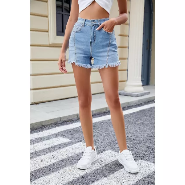 luvamia Jean Shorts for Women Trendy High Waisted Seamed Front Stretchy Denim Shorts Cut Off Frayed Hem Casual SummerCool Blue