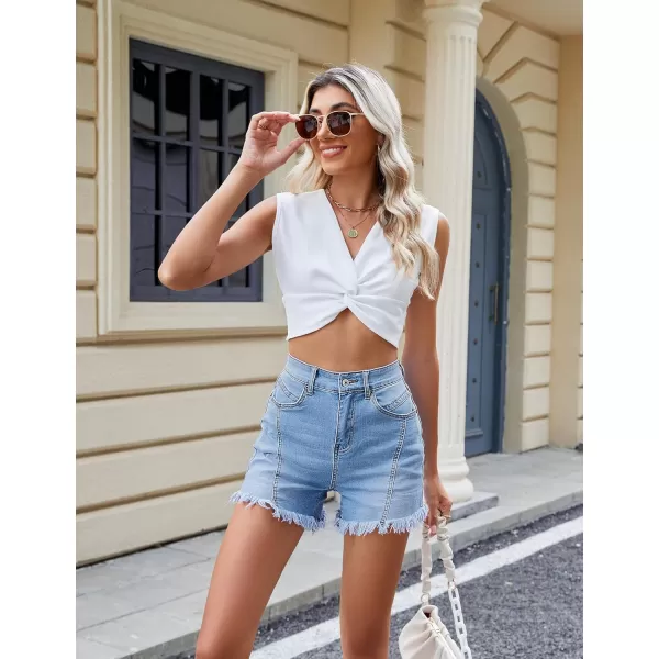 luvamia Jean Shorts for Women Trendy High Waisted Seamed Front Stretchy Denim Shorts Cut Off Frayed Hem Casual SummerCool Blue