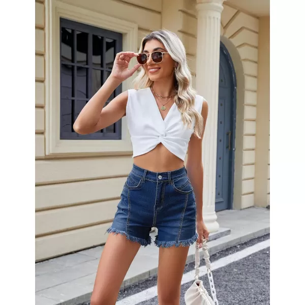 luvamia Jean Shorts for Women Trendy High Waisted Seamed Front Stretchy Denim Shorts Cut Off Frayed Hem Casual SummerDark Blue