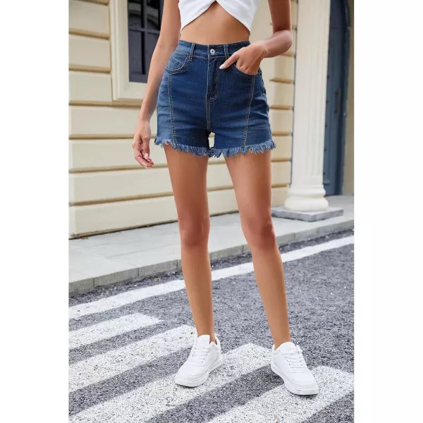 luvamia Jean Shorts for Women Trendy High Waisted Seamed Front Stretchy Denim Shorts Cut Off Frayed Hem Casual SummerDark Blue