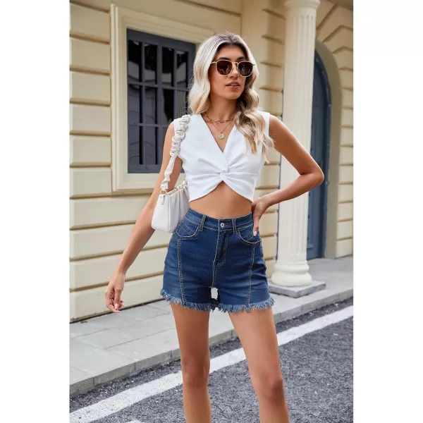 luvamia Jean Shorts for Women Trendy High Waisted Seamed Front Stretchy Denim Shorts Cut Off Frayed Hem Casual SummerDark Blue