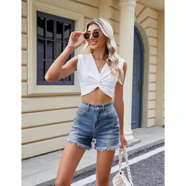 luvamia Jean Shorts for Women Trendy High Waisted Seamed Front Stretchy Denim Shorts Cut Off Frayed Hem Casual SummerVintage Blue