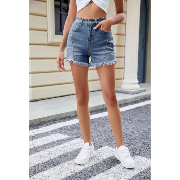 luvamia Jean Shorts for Women Trendy High Waisted Seamed Front Stretchy Denim Shorts Cut Off Frayed Hem Casual SummerVintage Blue