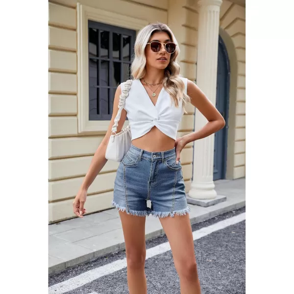 luvamia Jean Shorts for Women Trendy High Waisted Seamed Front Stretchy Denim Shorts Cut Off Frayed Hem Casual SummerVintage Blue