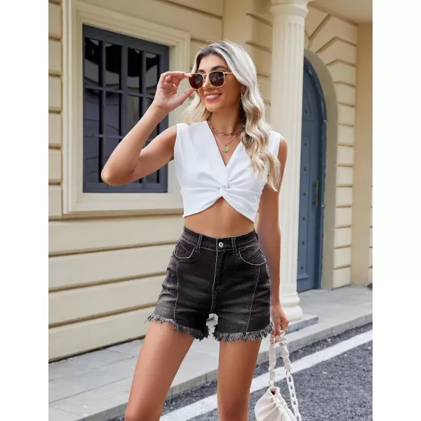 luvamia Jean Shorts for Women Trendy High Waisted Seamed Front Stretchy Denim Shorts Cut Off Frayed Hem Casual SummerWashed Black