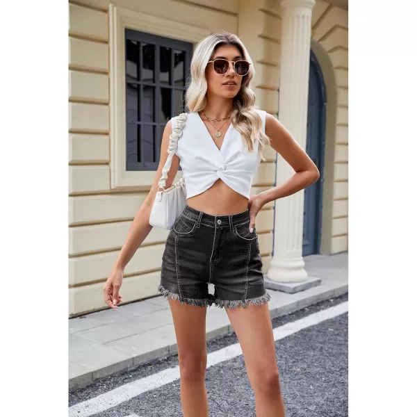 luvamia Jean Shorts for Women Trendy High Waisted Seamed Front Stretchy Denim Shorts Cut Off Frayed Hem Casual SummerWashed Black