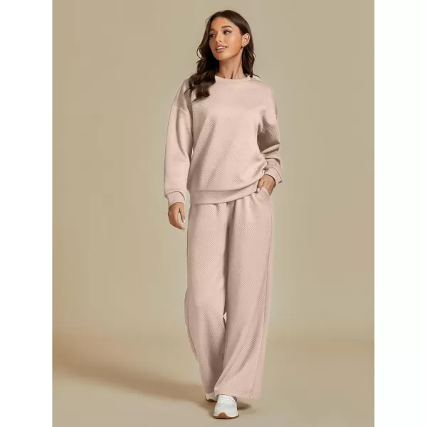 luvamia Lounge 2 Piece Sets for Women Texture Long Sleeve Pullover Pull On Wide Leg Pants Sweatsuit Loungewear Sweat SetBeige