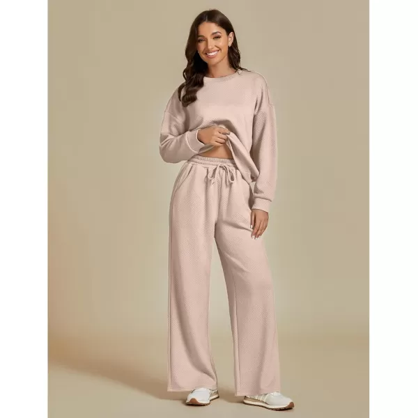 luvamia Lounge 2 Piece Sets for Women Texture Long Sleeve Pullover Pull On Wide Leg Pants Sweatsuit Loungewear Sweat SetBeige