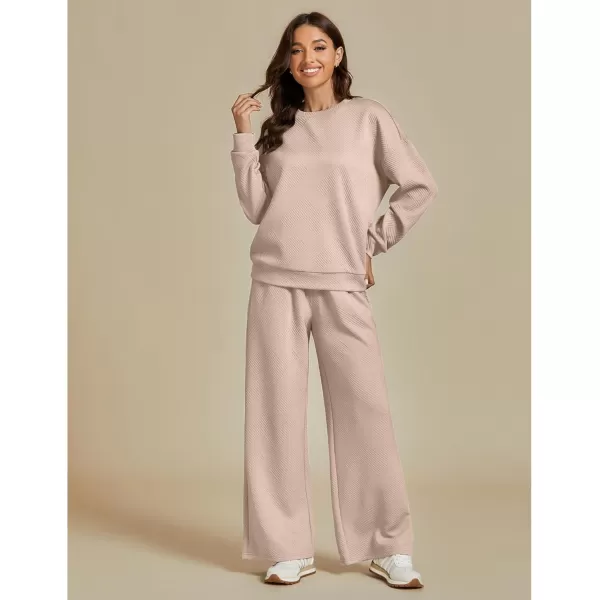 luvamia Lounge 2 Piece Sets for Women Texture Long Sleeve Pullover Pull On Wide Leg Pants Sweatsuit Loungewear Sweat SetBeige