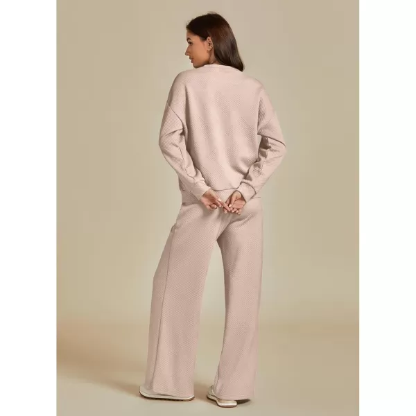 luvamia Lounge 2 Piece Sets for Women Texture Long Sleeve Pullover Pull On Wide Leg Pants Sweatsuit Loungewear Sweat SetBeige