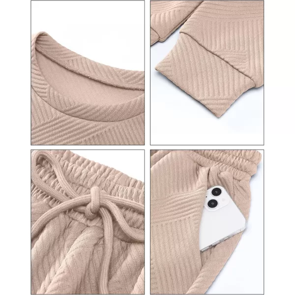 luvamia Lounge 2 Piece Sets for Women Texture Long Sleeve Pullover Pull On Wide Leg Pants Sweatsuit Loungewear Sweat SetBeige