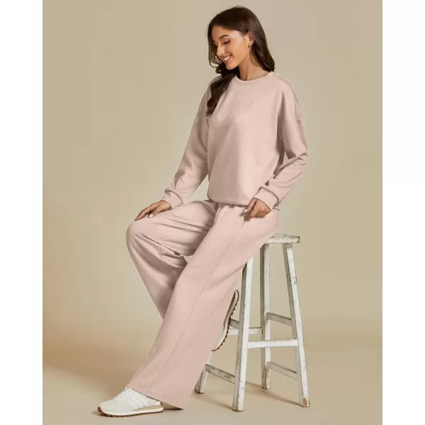 luvamia Lounge 2 Piece Sets for Women Texture Long Sleeve Pullover Pull On Wide Leg Pants Sweatsuit Loungewear Sweat SetBeige