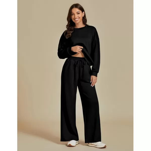 luvamia Lounge 2 Piece Sets for Women Texture Long Sleeve Pullover Pull On Wide Leg Pants Sweatsuit Loungewear Sweat SetBlack